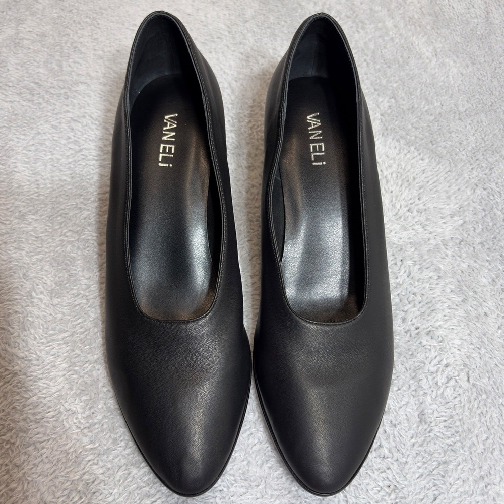 Vaneli Block Heel Pumps Women 10 N Black Leather Almond Toe Low Heel Dress Shoes